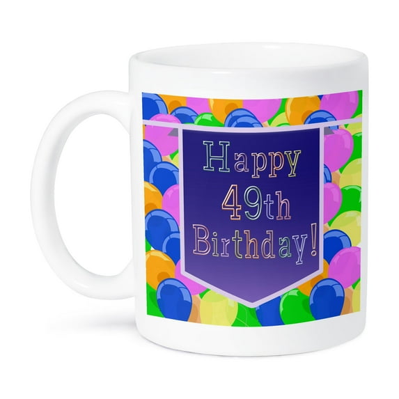 3dRose, Balloons with Purple Banner Happy 49th Birthday, 11oz Mug