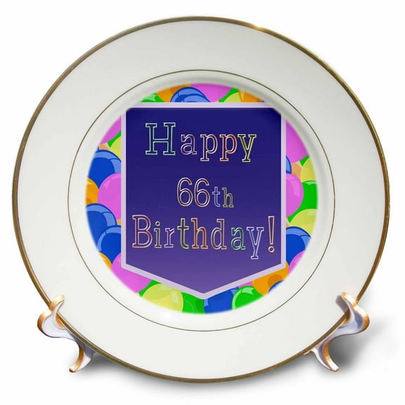 3dRose, Balloons with Purple Banner Happy 66th Birthday, 8 inch Porcelain Plate