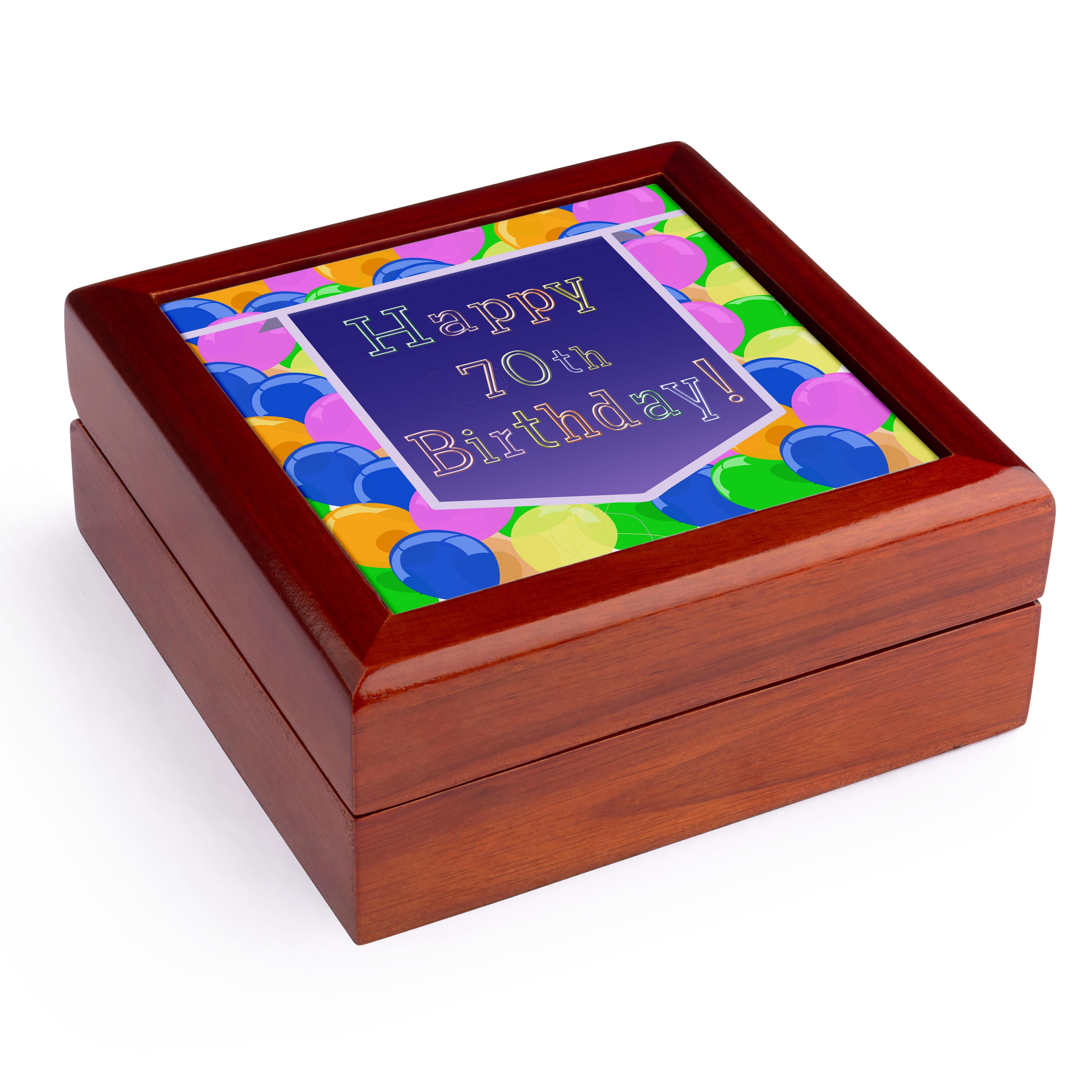 3dRose, Balloons with Purple Banner Happy 70th Birthday, Jewelry Box 5.5x5.5 inch with 4 inch tile