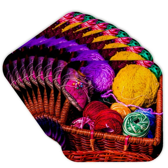 3drose, Balls of Colorful Yarn in a Wicker Basket. Stylized Photo, Set of 8 Coasters - Soft
