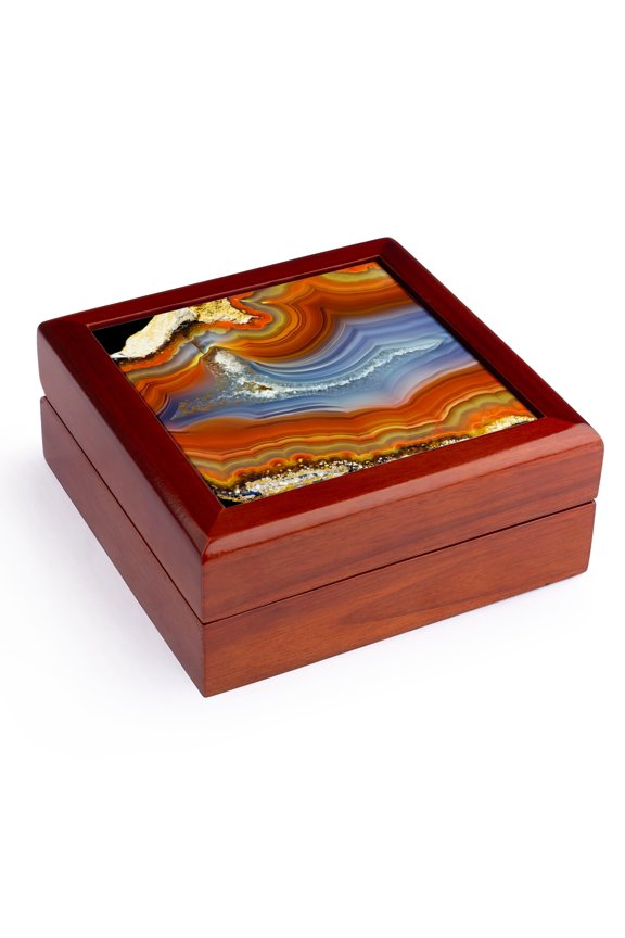 , Banded Agate, Quartzsite, orange and blue, Jewelry Box 5.5x5.5 inch with 4 inch tile