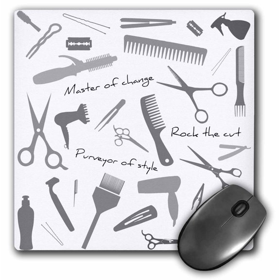 3dRose, Barber, master of change. Grey stylist appliances, text, on white, MousePad