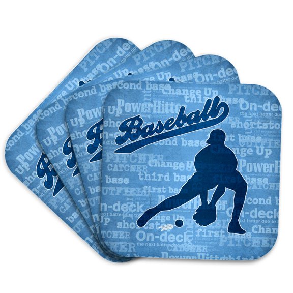 3drose, Baseball Player Themed Blue Sports Silhouette Shortstop Position, Set of 4 Coasters - Soft