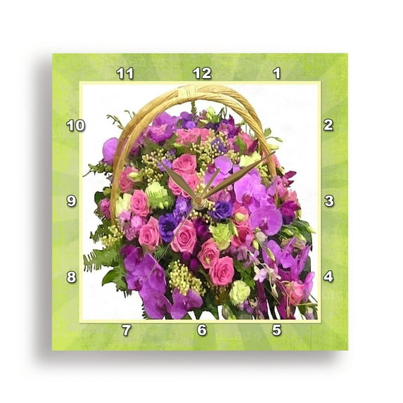 3dRose, Basket of Flowers, 10x10 Wall Clock