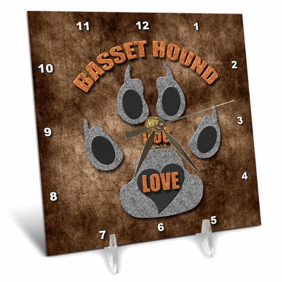 3dRose, Basset Hound Love Dog Breed in Gray and Brown, 6x6 Desk Clock