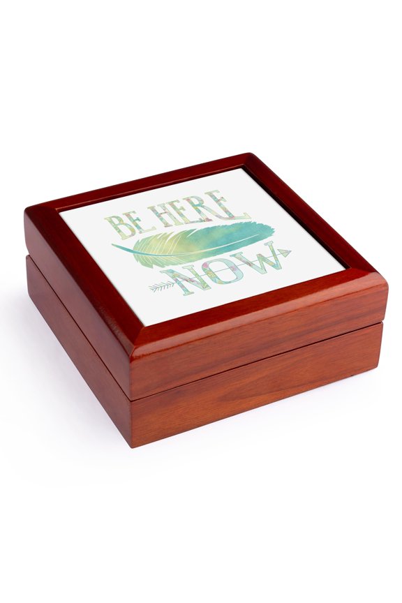 , Be Here Now - Green and Blue Watercolor Feather, Jewelry Box 5.5x5.5 inch with 4 inch tile