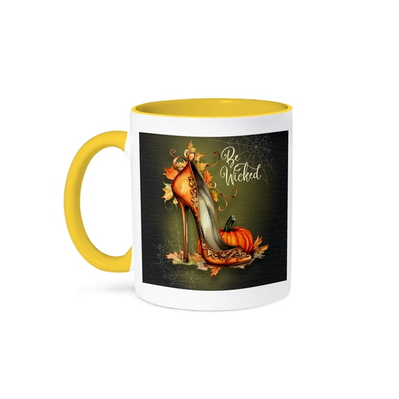 3dRose, Be Wicked this Halloween Great for Ladies Fancy High Heel for Fall, 15oz Two-Tone Yellow Mug