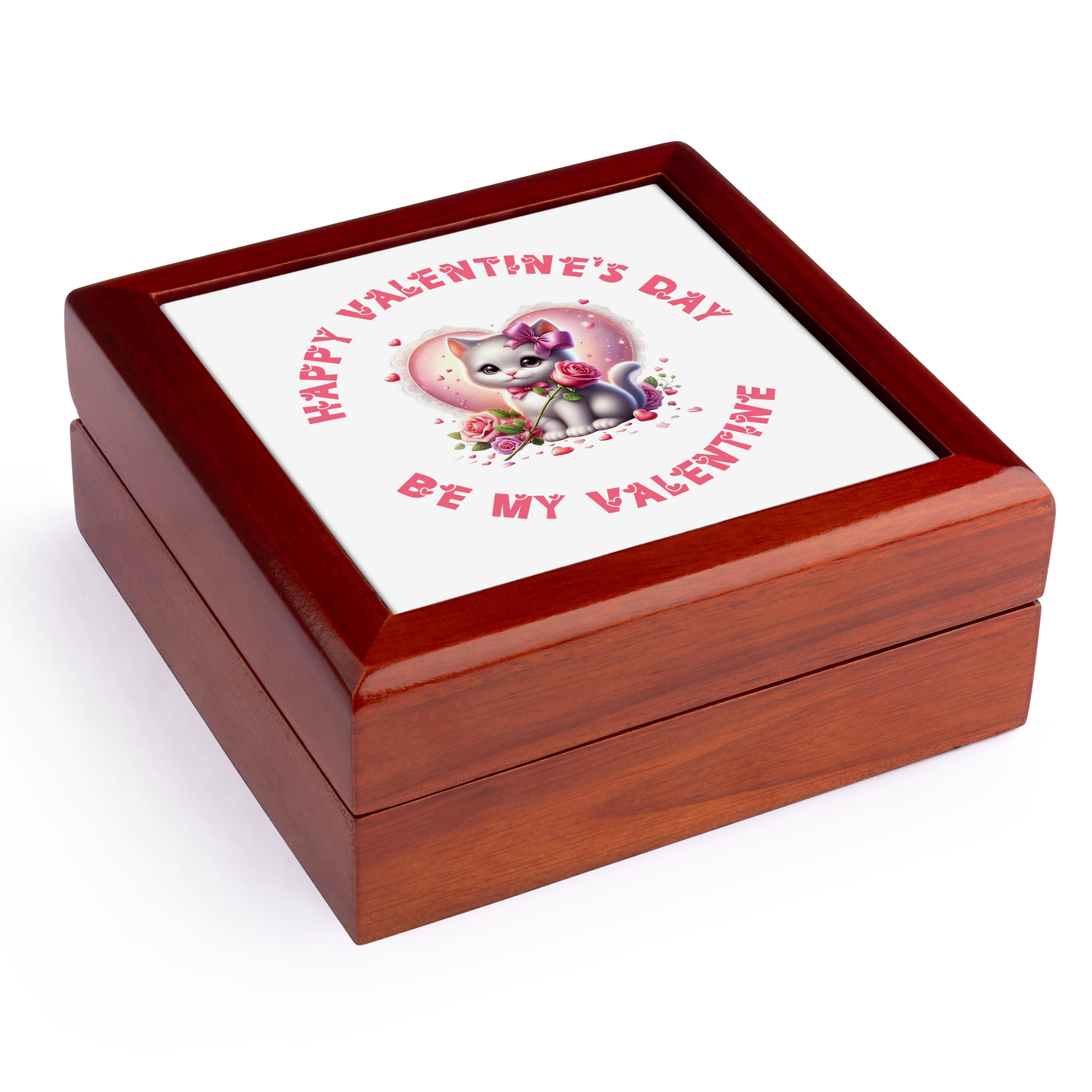 3dRose, Be my Valentine and a funny kitten with a a rose flower message, Jewelry Box 5.5x5.5 inch with 4 inch tile