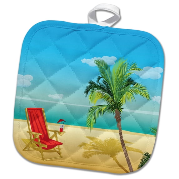 3dRose, Beach Scene With A Beach Chair and Palm Tree, 8x8 Potholder