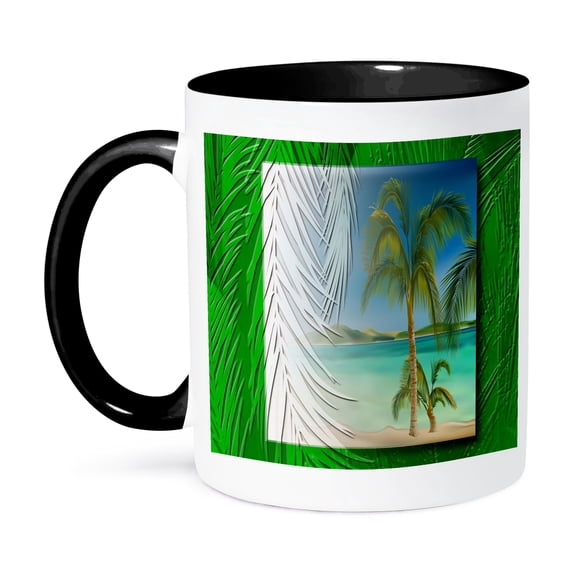 3dRose, Beach with Palm Trees, 11oz Two-Tone Black Mug