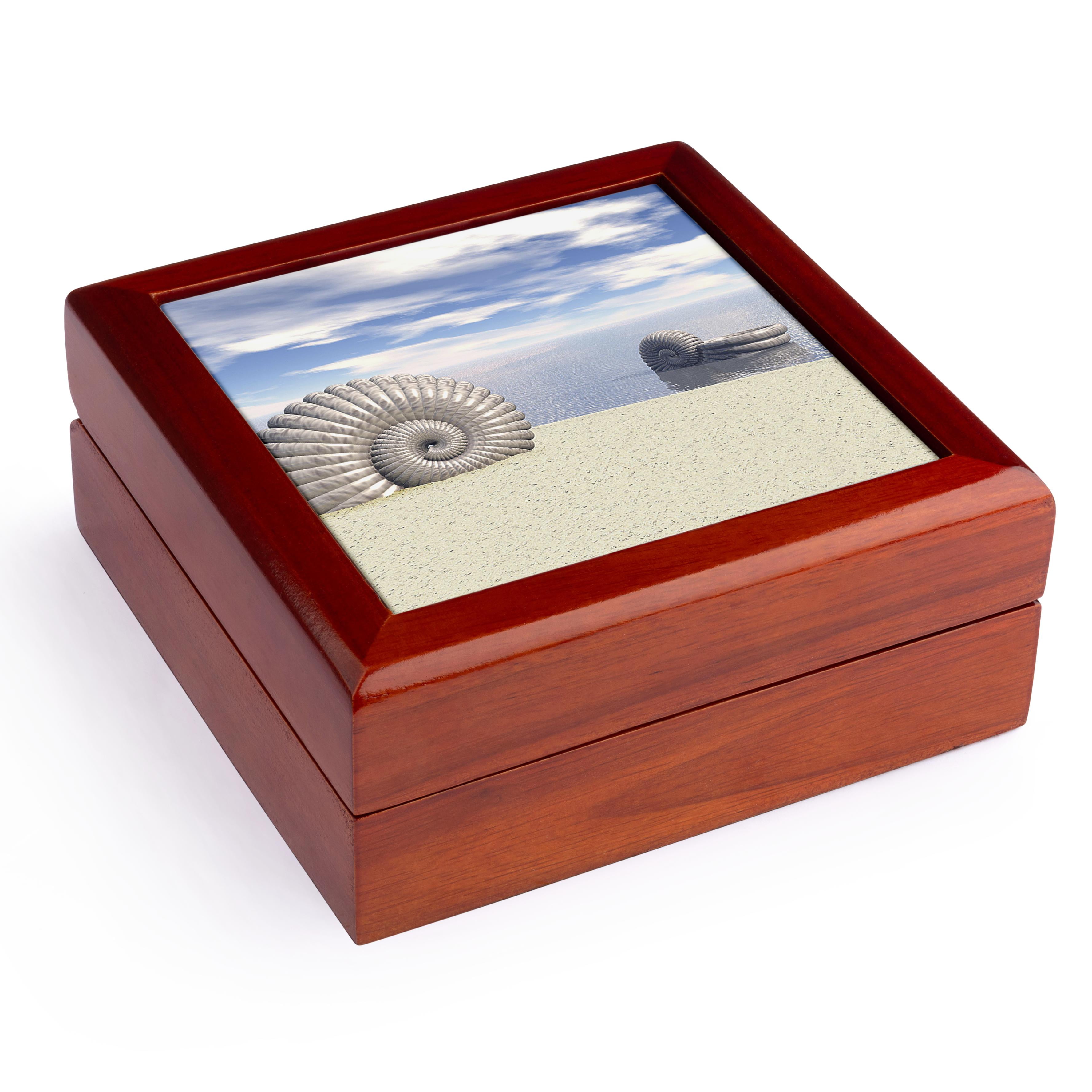 3dRose, Beach of Shells summer scene of sandy beach and ocean water with shells, Jewelry Box 5.5x5.5 inch with 4 inch tile