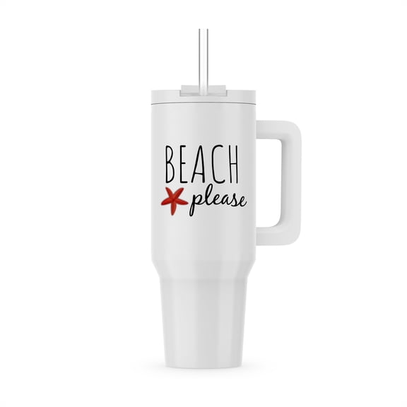 Beach Please. Black Lettering And Red Starfish On White Background., 40oz Tumbler