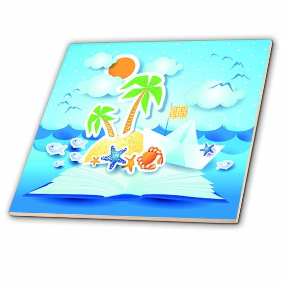 3dRose, Beach tropical book pop up art with sun, star fish, seagulls, 6 Inch Ceramic Tile