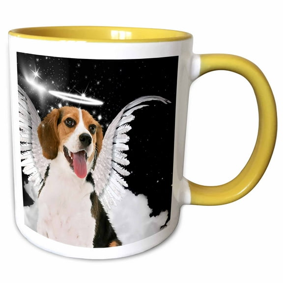 3drose, Beagle Angel Dog with Clouds, a Cute Halo and Angel Wings, 11oz Two-tone Yellow Mug