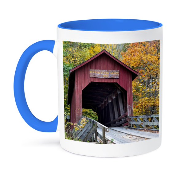 3dRose, Bean Blossom Covered Bridge in Brown County, Indiana, USA, 15oz Two-Tone Blue Mug