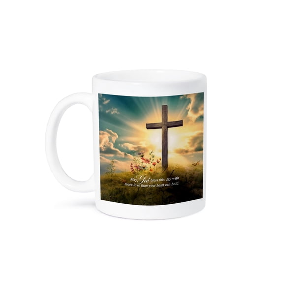 3dRose, Beautiful Christian Cross on a Hill in Sunlight and Religious Message, 11oz Mug
