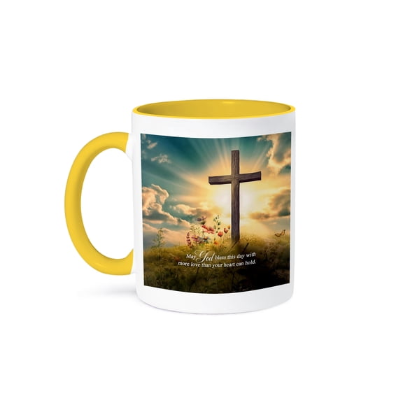 3dRose, Beautiful Christian Cross on a Hill in Sunlight and Religious Message, 11oz Two-Tone Yellow Mug