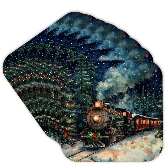 3drose, Beautiful Christmas Train on the Railroad Tracks in Winter, Set of 8 Coasters - Soft