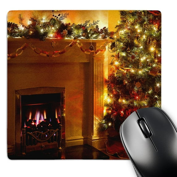 3dRose, Beautiful Christmas Tree Lights with a Fire in the Fireplace, MousePad