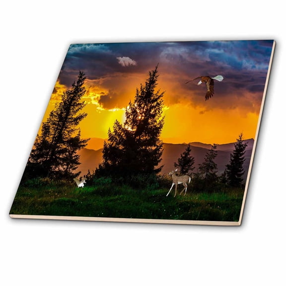 3dRose, Beautiful Forest Landscape with Eagle Flying, Deer and Squirrel, 8 Inch Ceramic Tile