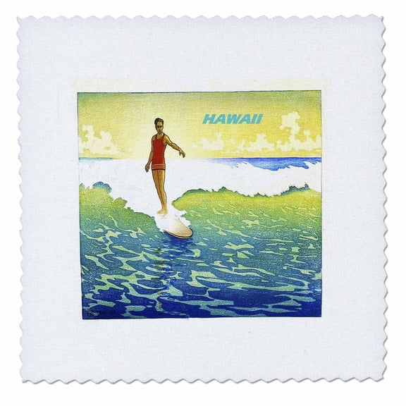 3dRose, Beautiful Turquoise n Yellow Vintage Hawaiian Surfing Poster, 10x10 inch quilt square