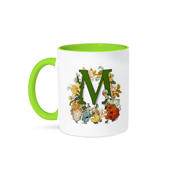 3dRose, Beautiful Vintage Victorian Kate Greenaway Monogram Letter M, 11oz Two-Tone Green Mug