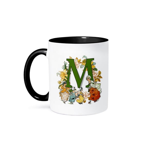 3dRose, Beautiful Vintage Victorian Kate Greenaway Monogram Letter M, 15oz Two-Tone Black Mug