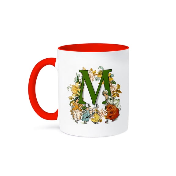 3dRose, Beautiful Vintage Victorian Kate Greenaway Monogram Letter M, 15oz Two-Tone Red Mug