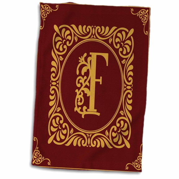 3dRose, Beautiful ornamental burgundy, yellow monogram. Cute initial F, 15x22 Hand Towel