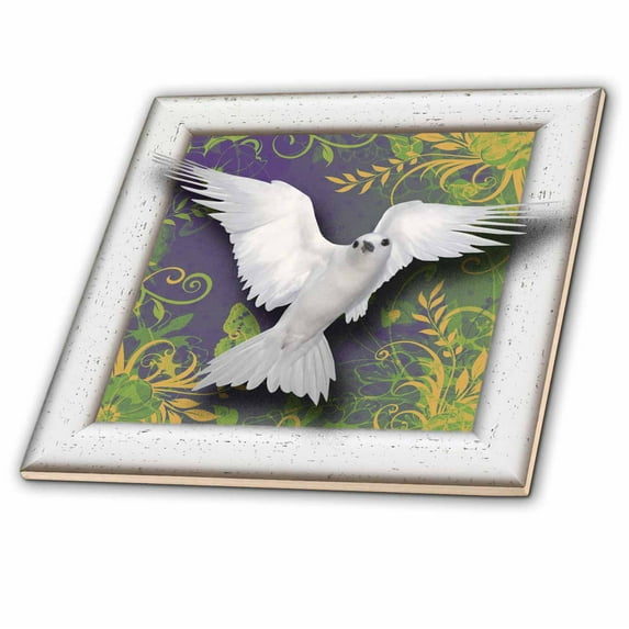 3dRose, Beautiful white dove framed art with tapestry gradient background, 8 Inch Ceramic Tile