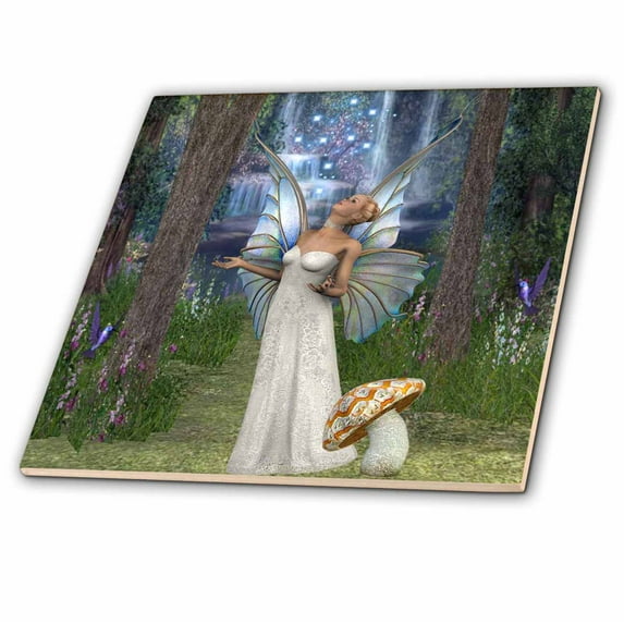 3dRose, Beautiful white fairy, in mushroom forest blessing with fairy dust, 4 Inch Ceramic Tile