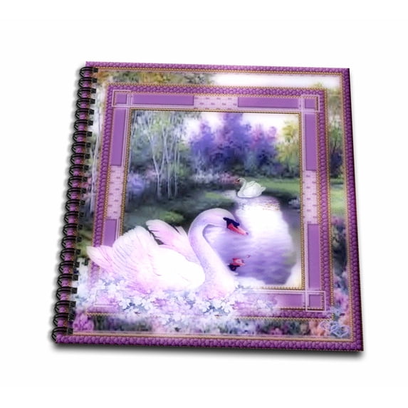 3dRose, Beautiful white swan by the lake and purple decorated pattern frame a nature beauty, Memory Book 12 x 12 inch