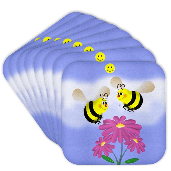 3dRose, Bees in love Two Bumble bees staring lovingly at a flower, Set of 8 Coasters - Soft