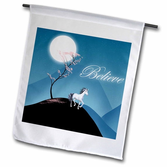 3dRose, Believe, Stylized Tree On Hill With Unicorn, Moon, And Pink Flowers, 12 x 18 inch Garden Flag