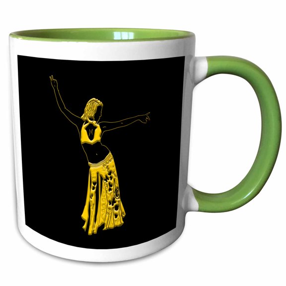 3drose, Belly Dancer Woman. Yellow on Black Silhouette. Beautiful Gift, 11oz Two-tone Green Mug