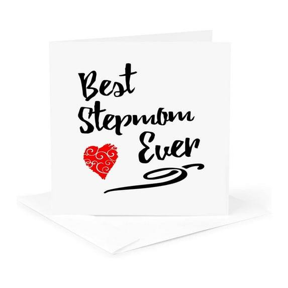 3drose, Best Stepmom Ever- Typographic Design with Red Swirly Heart, 1 Greeting Card with Envelope