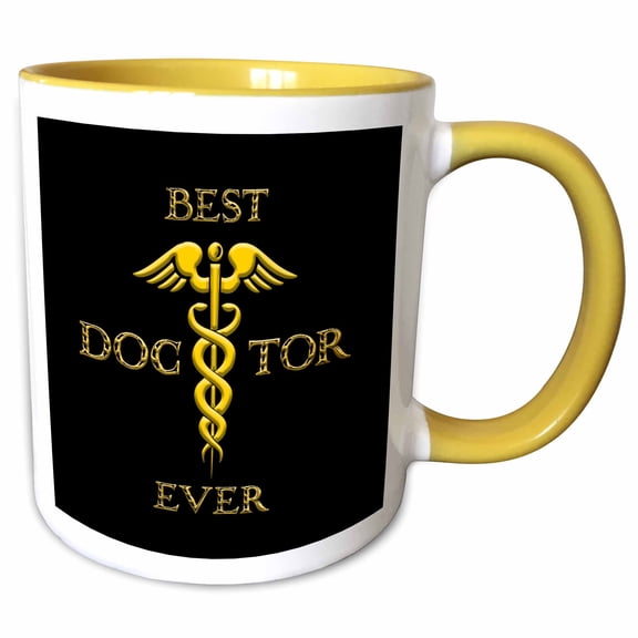 3drose, Best Doctor Ever. a Caduceus Symbol. Yellow on Black Medical Gift, 11oz Two-tone Yellow Mug