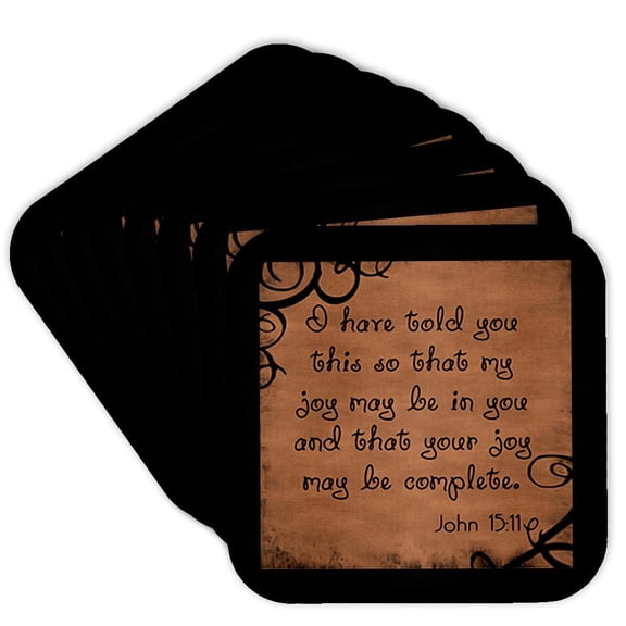 3dRose, Bible Verse John 15-11 Brown Background Bible Christian Inspirational Saying, set of 8 Coasters - Soft