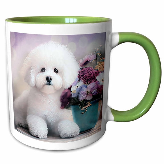 3drose, Bichon Frise Dog with Purple Vase of Flowers Painting for Dog Lovers, 15oz Two-tone Green Mug