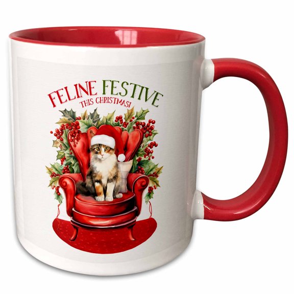 3drose, Big Holiday Chair with a Cute Calico Kitty Cat in a Santa Hat, 11oz Two-tone Red Mug
