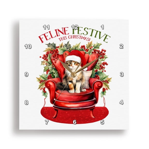 3dRose, Big Holiday Chair with a Cute Calico Kitty Cat in a Santa Hat, 15x15 Wall Clock