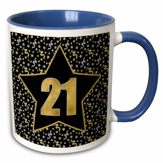 3drose, Big Star with 21 for Twenty First Birthday or Anniversary, 11oz Two-tone Blue Mug