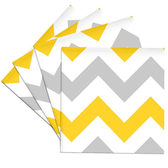 3dRose, Big Yellow and Gray Chevron zig zag pattern grey white zigzag stripes, Set of 4 Ceramic Tile Coasters