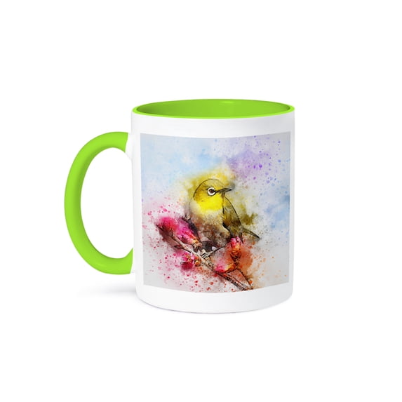 3dRose, Bird Parakeet sitting on a Branch with Watercolor, 15oz Two-Tone Green Mug