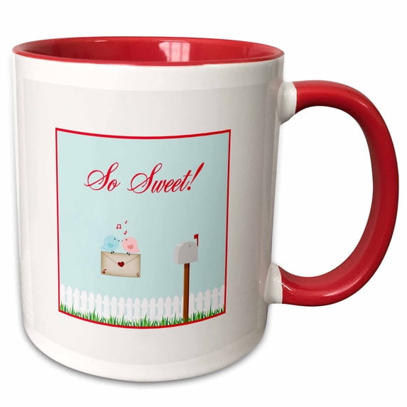 3drose, Birds Taking Valentine to Mailbox, So Sweet, Pink, Blue, and Red, 11oz Two-tone Red Mug