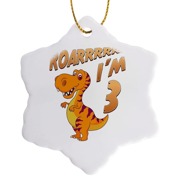 3drose, Birthday Dinosaur Roarrrrrr I Am 3 Years Old Congratulations Party, 3 inch Snowflake Porcelain Ornament