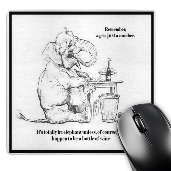 3dRose, Birthday- caracature, elephant, cute, wine, age, birthday, greeting, birthday card, quote, humor, MousePad