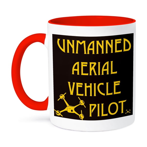 3dRose, Black and Yellow Drone with Unmanned Aerial Vehicle Pilot phrase, 11oz Two-Tone Red Mug