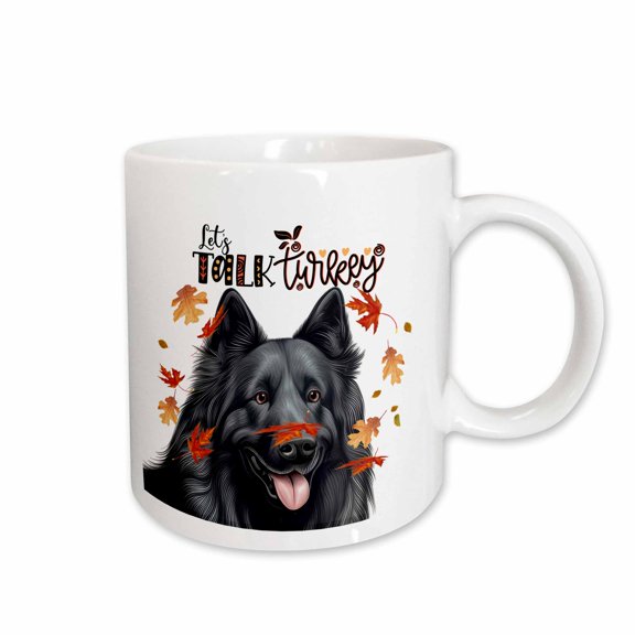 3drose, Black Belgian Sheepdog Talks Turkey on Thanksgiving with Falling Leaves, 15oz Mug