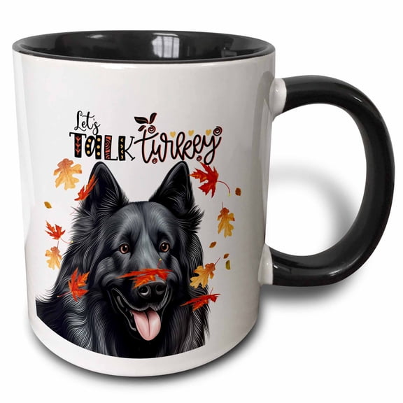 3drose, Black Belgian Sheepdog Talks Turkey on Thanksgiving with Falling Leaves, 15oz Two-tone Black Mug